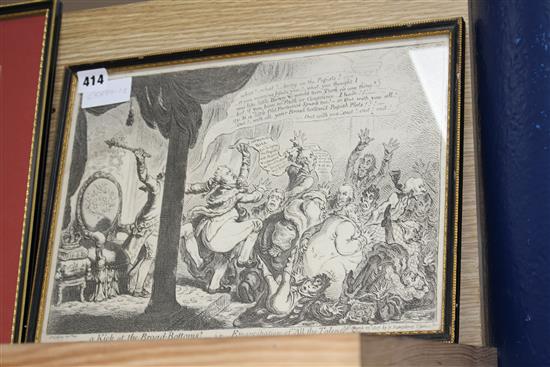 Bohn after Gillray, engraving, A kick at the board bottoms, 26 x 36cm and an engraving by George Cruikshank, Boar in the company, li